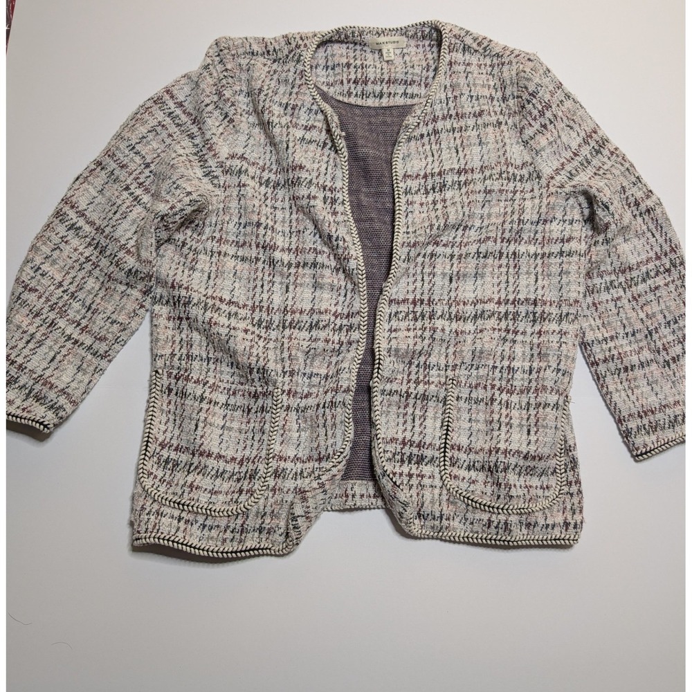 Max Studio Womens Tweed Open Front Cardigan Jacket Plaid Braided Trim 8708K29 M‎